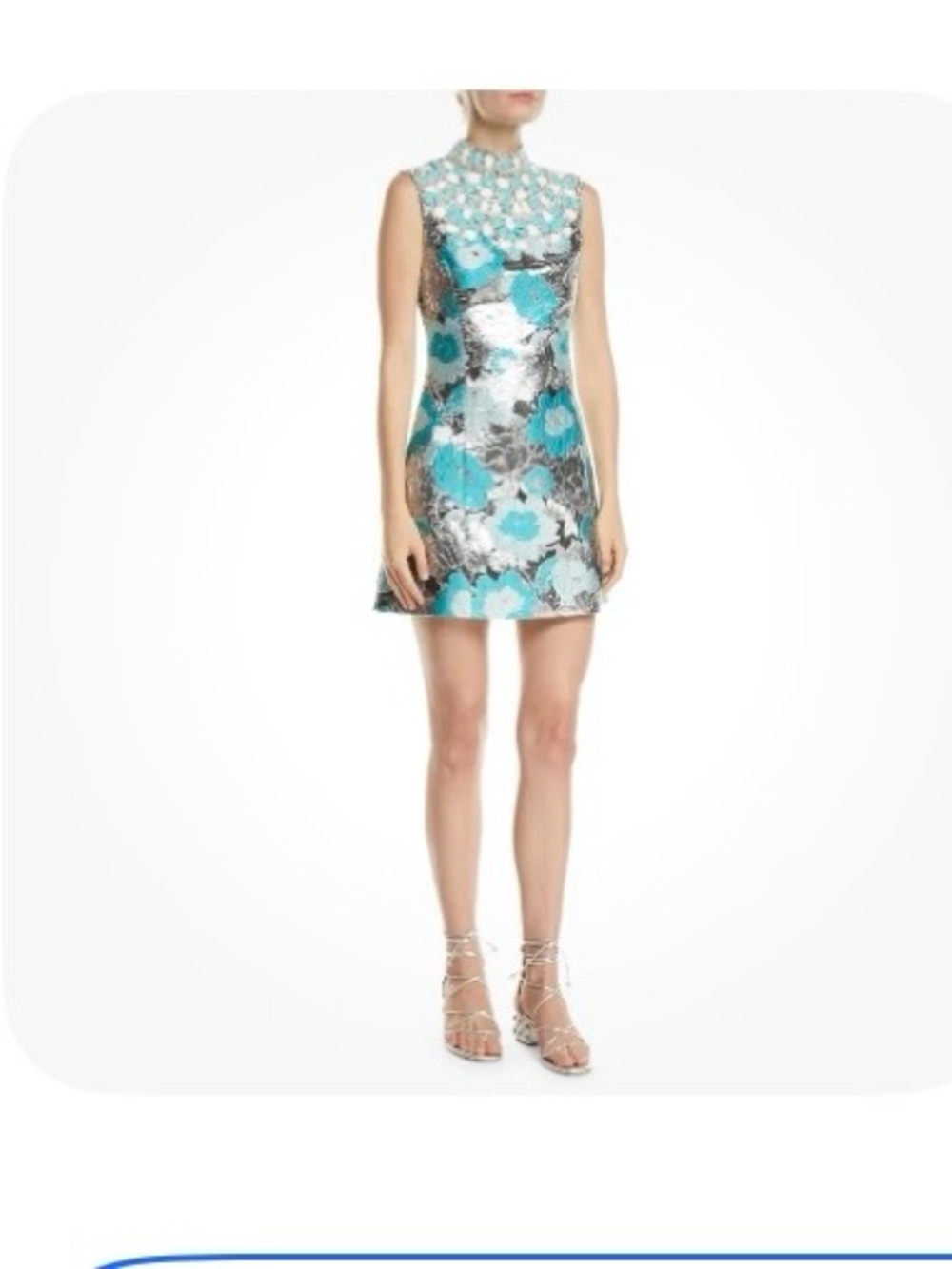 Michael Kors Collection Metallic Silver Mini Dress with Turquoise Floral